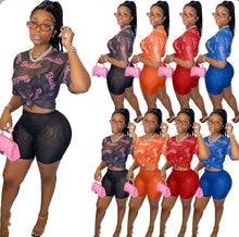 Load image into Gallery viewer, Letter Print Sexy See-through Short Sleeve Shorts 2 Piece Set
