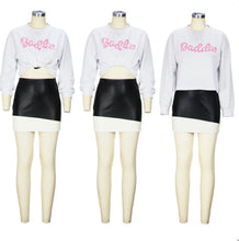 Load image into Gallery viewer, Letter Print Sweatshirt And Splicing Leather Skirt 2 Piece Set
