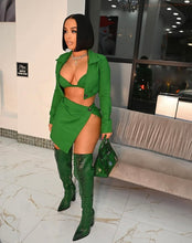 Load image into Gallery viewer, Solid Long Sleeve Coat+Bra Top+Split Mini Skirt 3 Piece Sets
