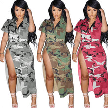 Load image into Gallery viewer, Camo Print Lapel Neck Split Skirt 2 Piece Set
