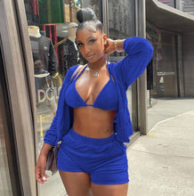 Load image into Gallery viewer, Velvet Hooded Zipper Coat+Bra Top+Shorts 3 Piece Sets
