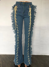Load image into Gallery viewer, Denim Tassel Lace-Up Straight Jeans Pants

