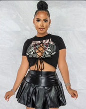 Load image into Gallery viewer, A Sexy Printed T Shirt+PU Leather Pleated Mini Skirt 2 Piece Sets
