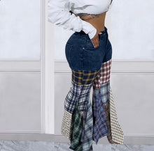 Load image into Gallery viewer, Denim Patchwork Plaid Print Flare Ruffles Pant
