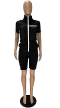 Load image into Gallery viewer, Letter Print Zipper Short Sleeve Shorts 2 Piece Set
