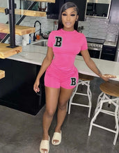 Load image into Gallery viewer, Summer Fashion Letter Print Solid Short Sleeve Shorts 2 Piece Set
