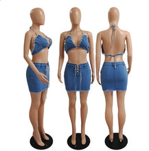 Load image into Gallery viewer, Sexy Denim Halter Top And Mini Skirts Two Piece Sets
