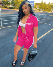 Load image into Gallery viewer, Letter Print Zipper Short Sleeve Shorts 2 Piece Set
