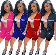 Load image into Gallery viewer, Letter Print Zipper Short Sleeve Shorts 2 Piece Set
