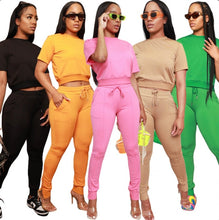Load image into Gallery viewer, Solid Short Sleeve Zipper Two Piece Pants Sets Www.dreamempirellc.com

